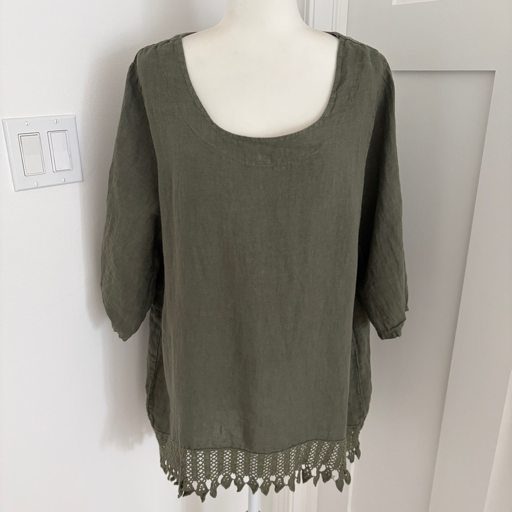 Lungo L’Arno Linen Tunic Top 1X Olive Green Boho Crochet Hem Lagenlook Italy*F1